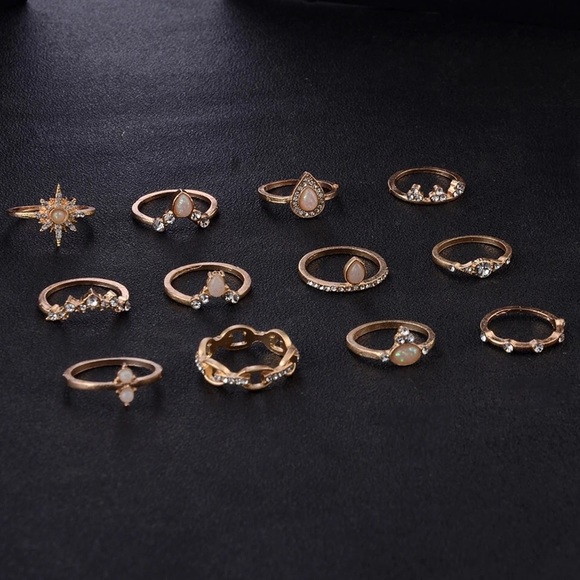 12 Pcs Boho Gypsy Gold, Crystal & Opal Ring Set - Picture 4 of 16